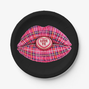 Lief Schotse Tartan Kus Lippen Schotland roze Papieren Bordje