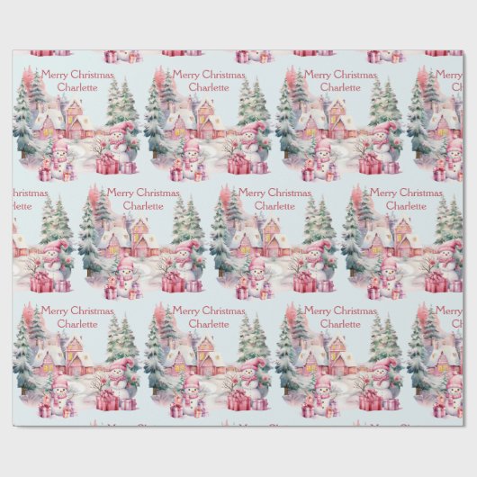 Lief Sneeuwmannen in Pastels Voeg meisjesnaam Kers Cadeaupapier (Vlak)