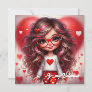 Lief snoezig Valentijns meisje met rode hart liefd Feestdagenkaart