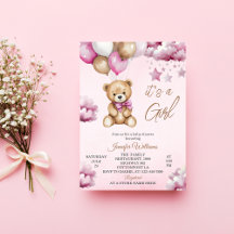 Lief teddybeer-meisje-babyshower met roze ballonne