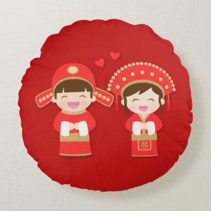 Lief traditioneel Chinees koppel trouwdecoratie Rond Kussen