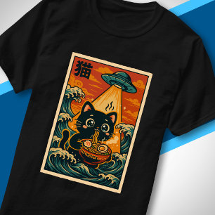 Lief UFO-katje dat Ramen eet Retro Japanse Ukiyo-e T-shirt