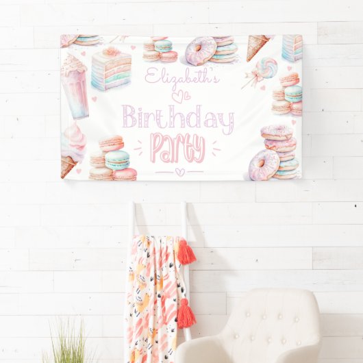 Lief verjaardagsfeestje pastel snoepjes ijs spandoek (Insitu)
