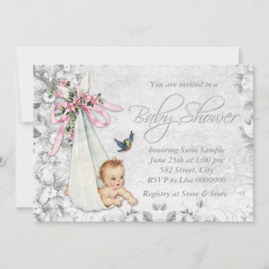 Lief vintage witte babyshower kaart (Voorkant)