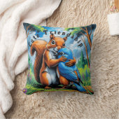 Lief vriendchap tussen eekhoorn en blauwe lijster kussen (Deken)