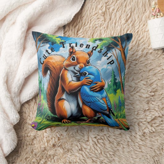 Lief vriendchap tussen eekhoorn en blauwe lijster kussen (Deken)