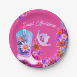 Lief Zestien 16e Cowgirl Bloemen Roze Verjaardag Papieren Bordje