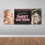 Lief Zestien 16e Verjaardagsfeestfoto Spandoek<br><div class="desc">Girly 16th birthday party banner met een trendy zwarte achtergrond,  2 grote foto's,  roze glitter sparkles en confetti,  lieve zestien roze hellium ballonnen,  en een aangepaste viering sjabloon die gemakkelijk te personaliseren is.</div>