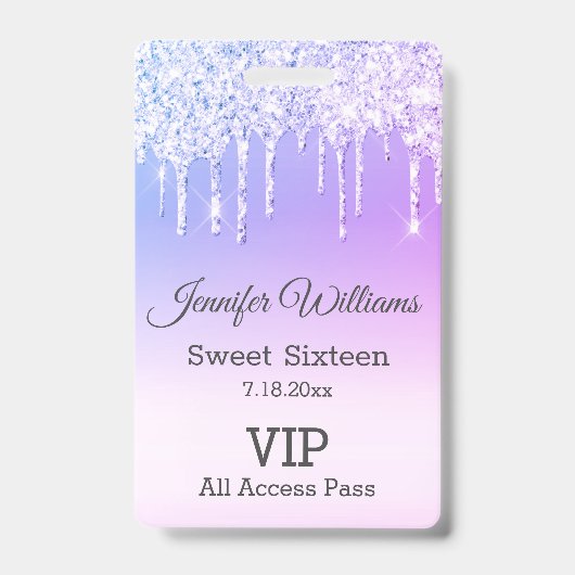 lief zestien paarse druipende glitters vip pass badge (Voorkant)