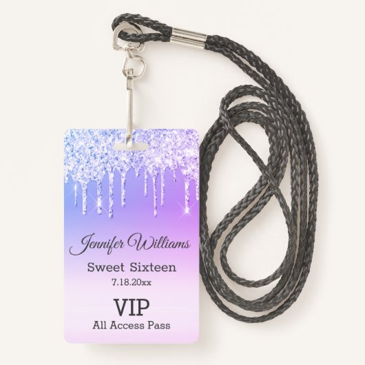 lief zestien paarse druipende glitters vip pass badge (Voorkant met draagriem)