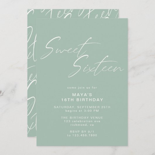 Lief Zestien Script Sage Groene Munt 16e Verjaarda Kaart (Voorkant / Achterkant)