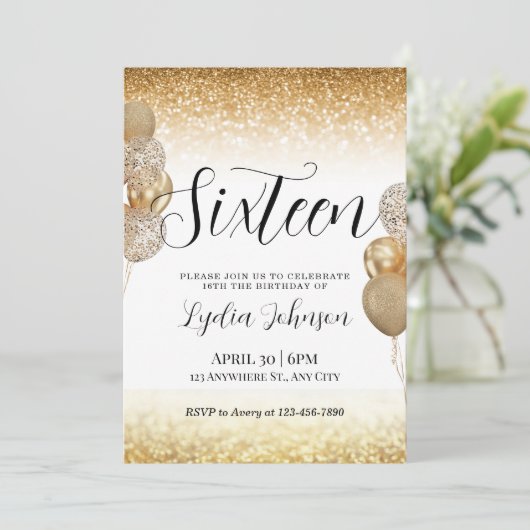 Lief Zestien Verjaardag, Lief 16, Gouden Uitnodigi Kaart (Staand voorkant)