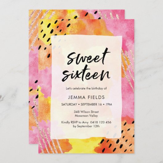 Lief Zestien Verjaardag Uitnodiging | roze abstrac (Voorkant / Achterkant)