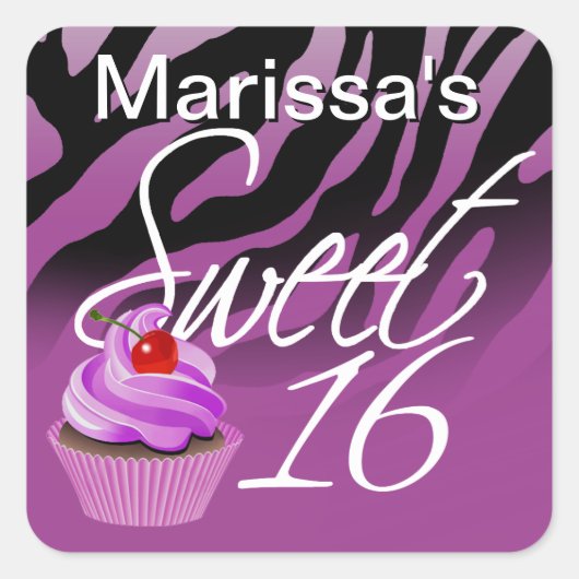 Lief Zestien Zebra Cupcake Party Vierkante Sticker (Voorkant)