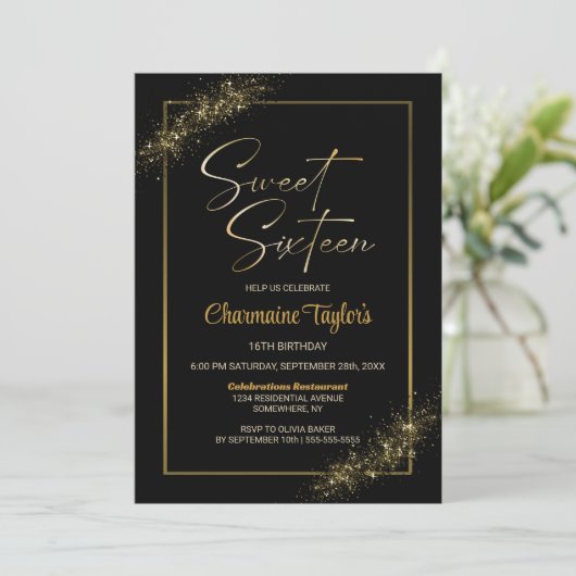Lief Zestien Zwart Goud Verjaardagsfeest Kaart (Staand voorkant)