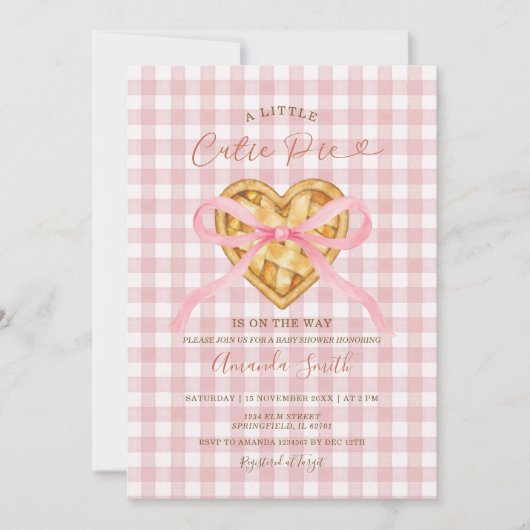 Lief Zoet Hart Roze Strik Gingham Herfst Baby Show Kaart (Voorkant)