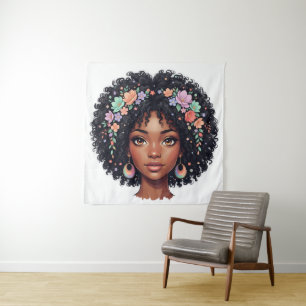 Lief Zwart Meisje Met Afro Bloemen Kroon Wandkleed