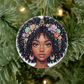 Lief Zwart Meisje Met Bloemen Kroon Afro Keramisch Ornament