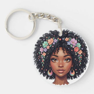Lief zwart meisje met bloemenkrans Afro Sleutelhanger