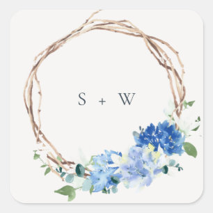 Liefblauw Floral Wooden Wreath Weddenschap Monogra Vierkante Sticker