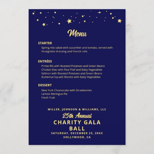 Liefdadigheids galabal Bedrijfs Event Blauw Goud E Menu (Voorkant)