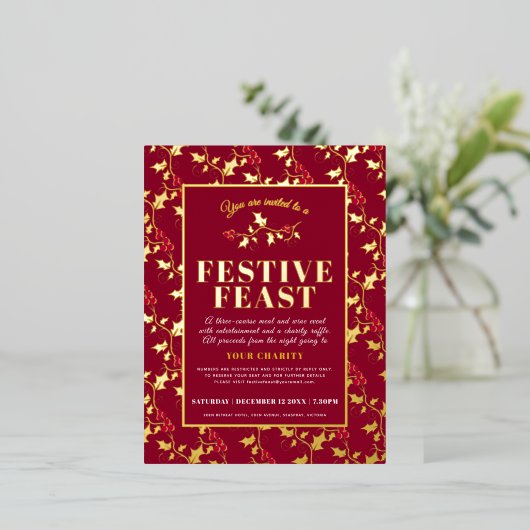 Liefdadigheidsfeestmaal goud rood kerstdiner folie feestdagen briefkaart (Staand Voorkant)