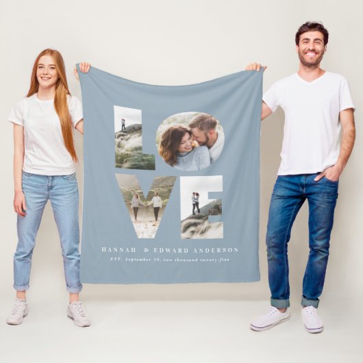 Liefde 4 foto's stoffig blauw modern gepersonalise fleece deken (In situ)