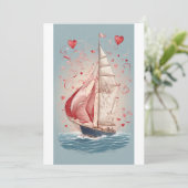 Liefde aan de horizon: Valentijnsdag Zeilboot Groe Feestdagenkaart (Staand voorkant)
