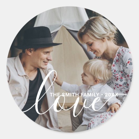 'Liefde' aangepaste familiefoto met eigen naam Ronde Sticker (Voorkant)
