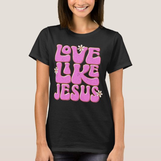 Liefde als Jesus, Roze Retro Daisy Schattig Christ T-shirt (Voorkant)
