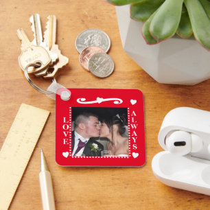 Liefde altijd 2 foto's voeg initialen toe wit rood sleutelhanger