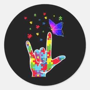 Liefde ASL Gebarentaal Puzzel Vlinder Autisme Awa Ronde Sticker