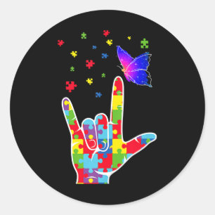 Liefde Asl Gebarentaal Puzzel Vlinder Autisme Awa Ronde Sticker