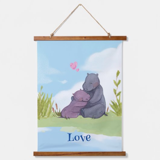 Liefde, Baby Hippo en haar moeder Hangend Wandkleed (Voorkant)