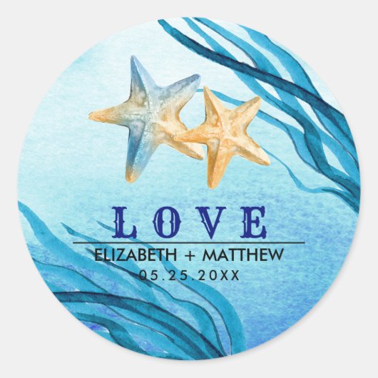Liefde. Beach Starfish Custom Weddenschap Ronde Sticker (Voorkant)