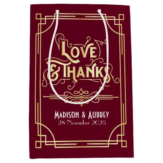 Liefde & Bedankt Art Deco Bruiloft Goud Bourgondië Medium Cadeauzakje (Voorkant)