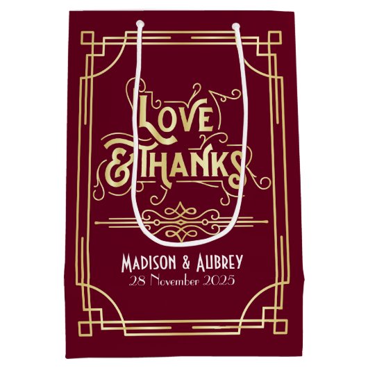 Liefde & Bedankt Art Deco Bruiloft Goud Bourgondië Medium Cadeauzakje (Achterkant)