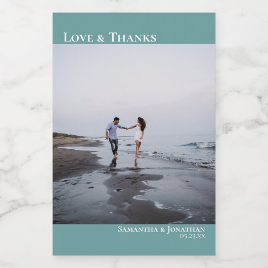 Liefde & Bedankt Blauwgroen Eenvoudige bruiloft fo Wijn Etiket (Enkel label)