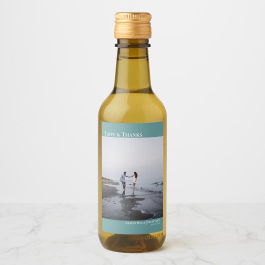 Liefde & Bedankt Blauwgroen Eenvoudige bruiloft fo Wijn Etiket (Voorkant)