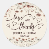 Liefde & Bedankt Boho Wildflowers Earthtone Weddin Ronde Sticker (Voorkant)
