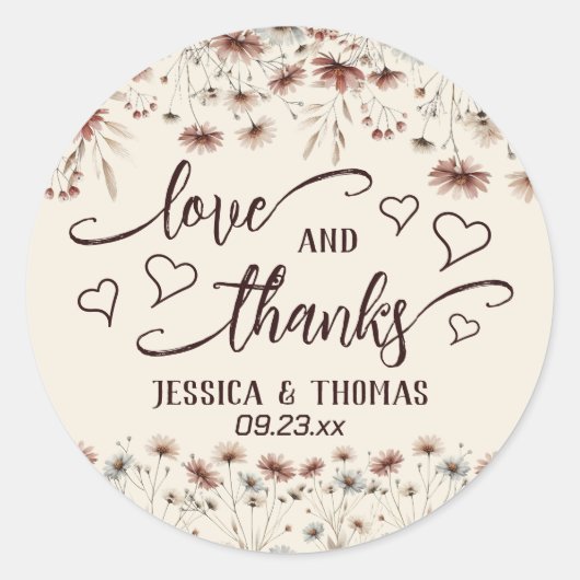 Liefde & Bedankt Boho Wildflowers Earthtone Weddin Ronde Sticker (Voorkant)