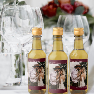 Liefde & Bedankt Burgundy Simple Weduwfoto Mini Wijn Etiket