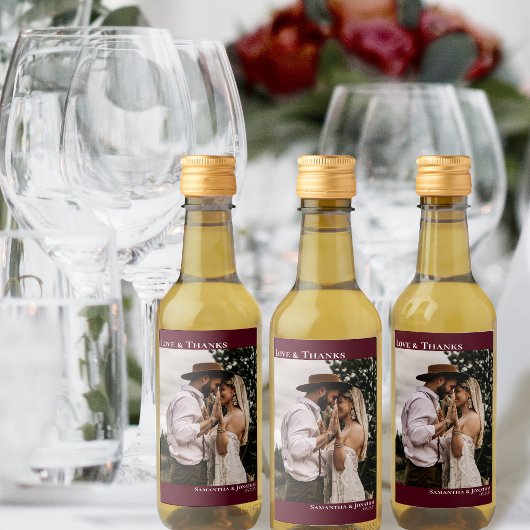 Liefde & Bedankt Burgundy Simple Weduwfoto Mini Wijn Etiket