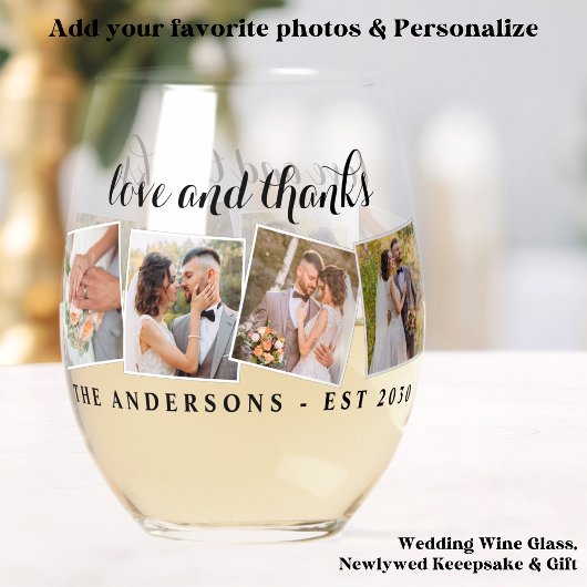 Liefde & Bedankt Custom Fotocollage Modern Wedding Wijnglas Zonder Voet