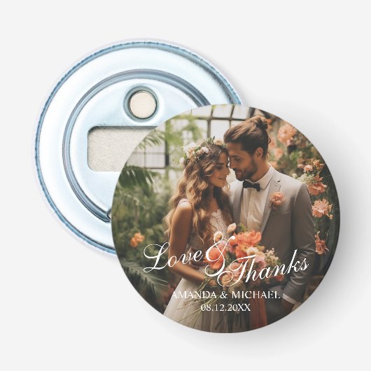 'Liefde & Bedankt' Custom Photo Wedding Favoriet Button Flesopener (Voorkant)