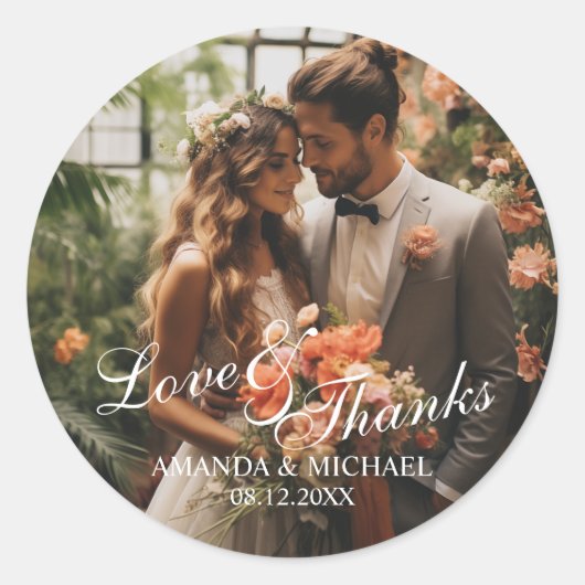'Liefde & Bedankt' Custom Photo Wedding Favoriet Ronde Sticker (Voorkant)