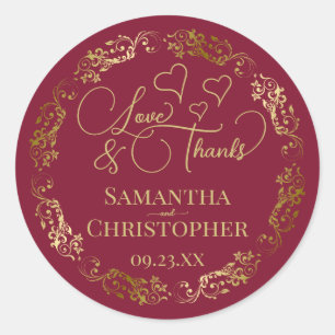 Liefde & Bedankt Elegant Bourgondië & Gold Wedding Ronde Sticker