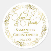 Liefde & Bedankt Elegant Goud & Wit Huwelijksgunst Ronde Sticker (Voorkant)