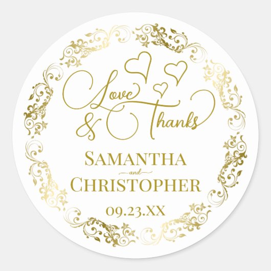 Liefde & Bedankt Elegant Goud & Wit Huwelijksgunst Ronde Sticker (Voorkant)