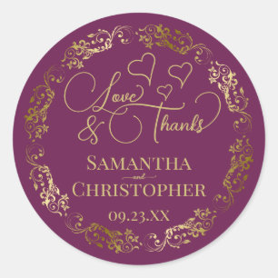 Liefde & Bedankt Elegante Magenta Plum & Gold Wedd Ronde Sticker